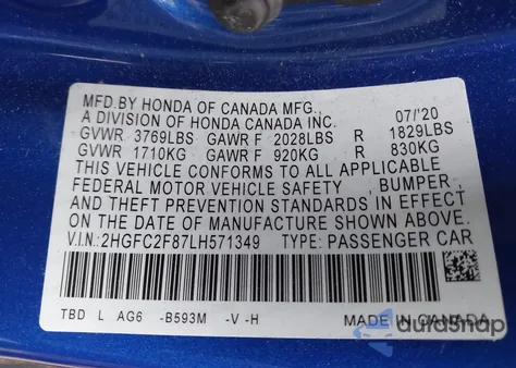 2020 Honda Civic Sport from USA, damaged, VIN 2HGFC2F87LH571349